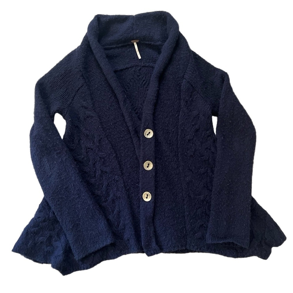 Free People Far Away Cable Knit Cardigan Womens Size M Blue Shawl Collar - Picture 2 of 13